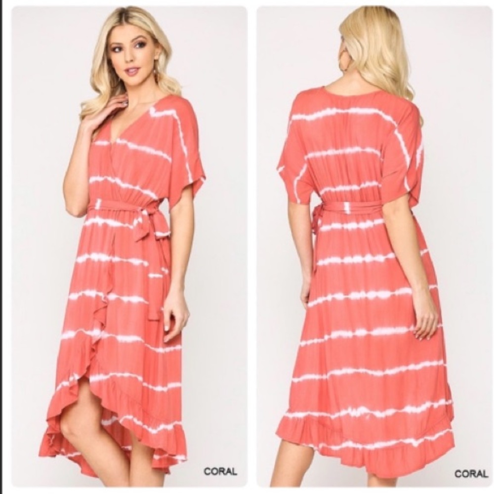 Coral Tie Dye Striped Wrap Dress. Perfect for Spring and Summer